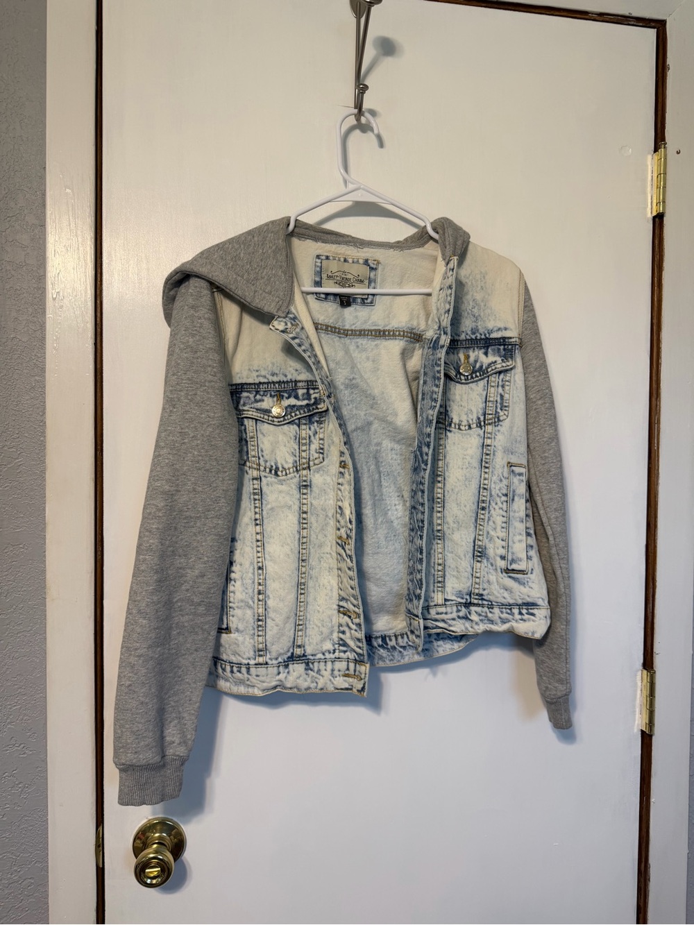 Light Acid-Wash Denim Jacket with Gray Hoodie Sleeves
